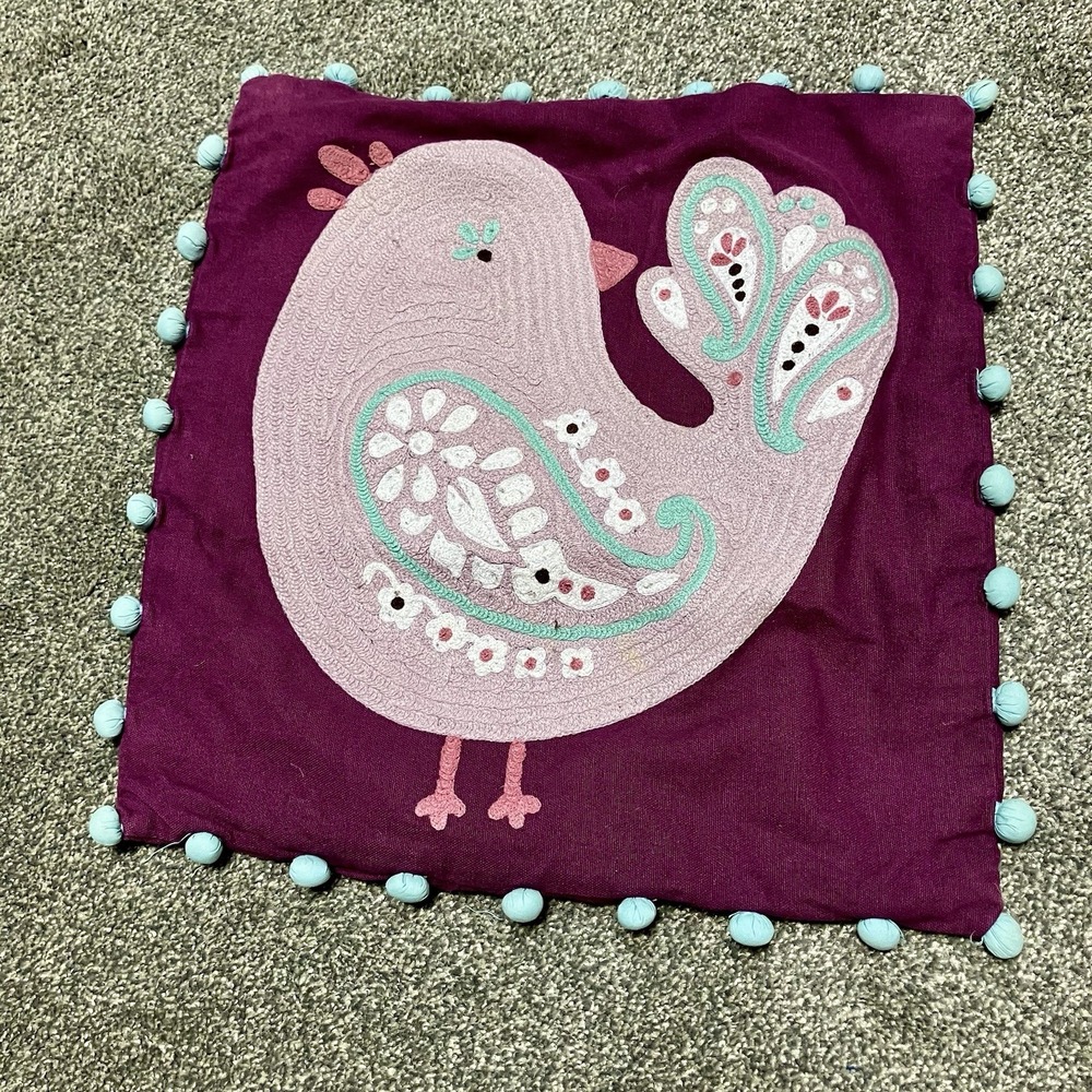 Vtg Pottery Barn Kids Pillow Cover Folk Art Bird‎ Purple Blue Pom Pom 16x16
